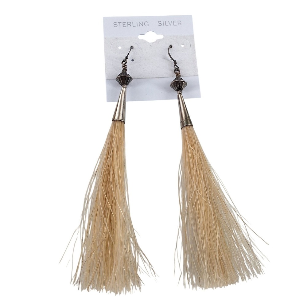 Vintage Sterling Silver Blonde Horsehair Tassel Earrings Southwestern Artisan